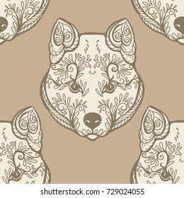 Seamless pattern with black and white graphic drawing of a dog head.
