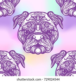 Seamless pattern with black and white graphic drawing of a dog head.