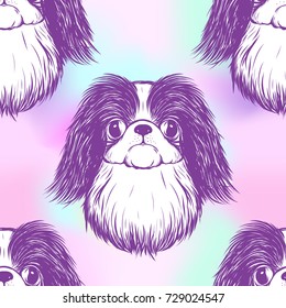 Seamless pattern with black and white graphic drawing of a dog head.