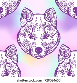 Seamless pattern with black and white graphic drawing of a dog head.