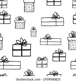 seamless pattern black and white graphics set of gift boxes for packaging design, digital paper, cards, gifts, holiday, celebration. vector illustration