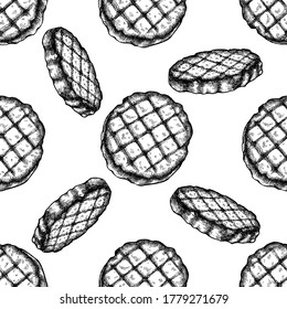 Seamless pattern with black and white grilled burger patties