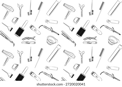 Padrão contínuo de ícones de ferramentas de salão de cabelo preto e branco, incluindo secadores de cabelo, tesouras, pentes e escovas em um fundo branco limpo.