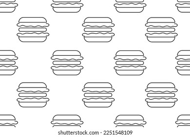 Patrón sin foco con hamburguesa blanca y negra con trazo editable. Reseña el fondo interminable con la hamburguesa. Banner del sitio web y papel tapizado impreso para comida rápida.