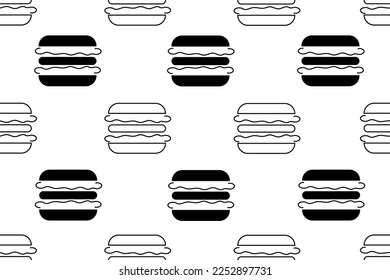 Patrón sin foco con hamburguesa blanca y negra con trazo editable. Reseña el fondo interminable con la hamburguesa. Banner del sitio web y papel tapizado impreso para comida rápida.