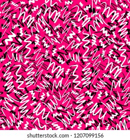 Seamless pattern with black and white hand drawn  stripes on pink background. Art Design. Vector illustration.
