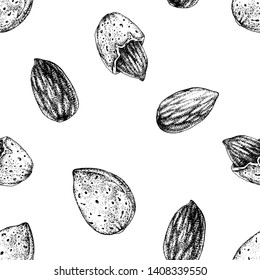 Patrón sin foco con almendras dibujadas a mano en blanco y negro. Ilustración del vector