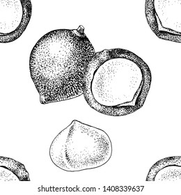 Seamless pattern with black and white hand drawn macadamia nuts. Vector illustration