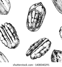 Patrón sin foco con nueces de pecan dibujadas a mano en blanco y negro. Ilustración vectorial en estilo retro