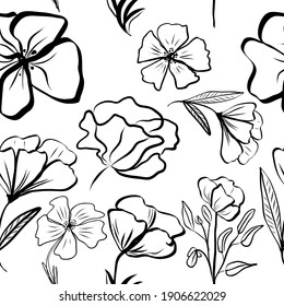 Seamless pattern of black and white hand draw tropical leaves of palm tree and  flowers. Botany light vector background, jungle  wallpaper.