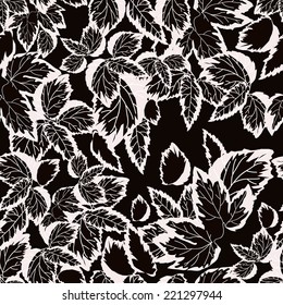 Seamless pattern with black and white hand drawn leaves on black background. Clipping mask is used, vector illustration.