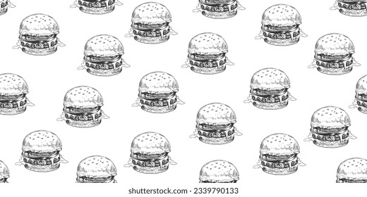Seamless pattern with black and white hand drawn hamburger with melted cheese, tomato, onion, salad on white background. Fast food. Sketch style. Burger drawing with hatching. Engraved illustration