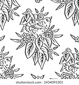 Nahtloses Muster mit schwarz-weißen handgezeichneten niedlichen Vogel- und Blumenmotiven. Retro monochrome Stil Blumentapete