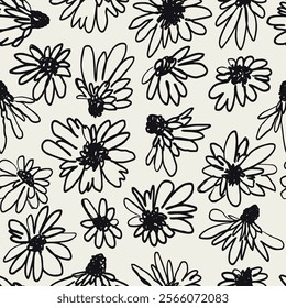 Seamless pattern with black and white hand drawn loose abstract flowers. Vintage monochrome inky floral repeat background. Modern minimalist blooms wallpaper.