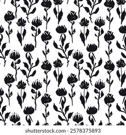 Seamless pattern with black and white hand drawn flowers and leaves. Loose botanical repeat background. Rough florals monochrome wallpaper.