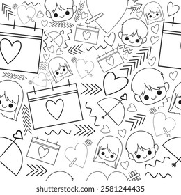 Seamless pattern with black and white hand drawn cute romantic objects like girl, boy, calendar, arrow, cupid vector illustration. Perfect for romantic prints on fabric, wrapping paper, greeting cards