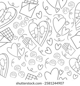 Seamless pattern with black and white hand drawn cute romantic objects like chocolate, bite choco, love shape vector illustration. Perfect for romantic prints on fabric, wrapping paper, greeting cards