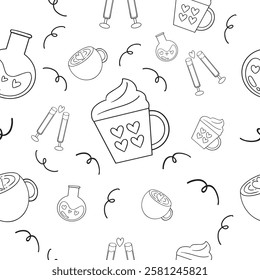 Seamless pattern with black and white hand drawn cute romantic objects like drink, coffee, love potion, wine, vector illustration. Perfect for romantic prints on fabric, wrapping paper, greeting cards