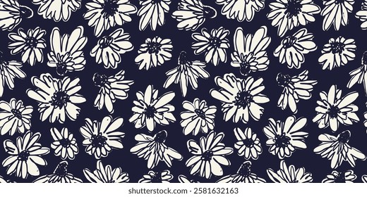 Seamless pattern with black and white hand drawn loose abstract flowers. Vintage monochrome inky floral repeat background. Modern minimalist blooms wallpaper.