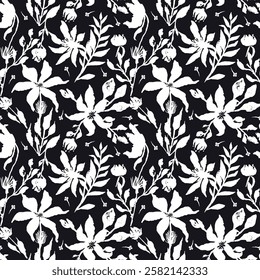 Seamless pattern with black and white hand drawn flowers and leaves. Loose botanical repeat background. Rough florals monochrome wallpaper.