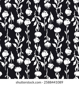 Seamless pattern with black and white hand drawn flowers and leaves. Loose botanical repeat background. Rough florals monochrome wallpaper.