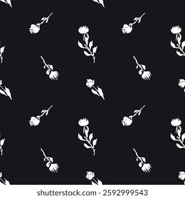 Seamless pattern with black and white hand drawn flowers and leaves. Loose botanical repeat background. Rough florals monochrome wallpaper.