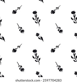 Seamless pattern with black and white hand drawn flowers and leaves. Loose botanical repeat background. Rough florals monochrome wallpaper.