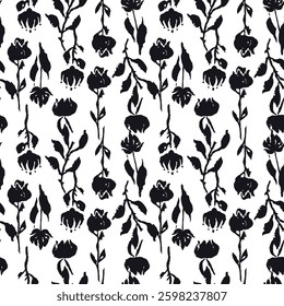 Seamless pattern with black and white hand drawn flowers and leaves. Loose botanical repeat background. Rough florals monochrome wallpaper.