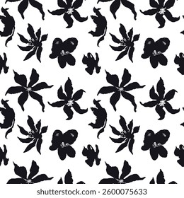 Seamless pattern with black and white hand drawn flowers. Loose botanical repeat background. Rough florals monochrome wallpaper.