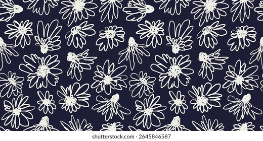 Padrão contínuo com a mão preta e branca desenhada flores abstratas soltas. Fundo de repetição floral de tinta monocromática vintage. Moderno minimalista papel de parede de flores.