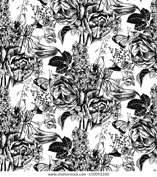 Seamless Pattern Black White Hand Drawn Nature Vintage Stock Image