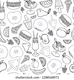 Seamless pattern of black and white hand-drawn food items. Black contour on a white background. Apricot, donut, ice cream, apple, burger, cocktail, pear, watermelon, banana, orange, blackberry, raspbe