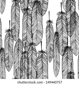 Seamless pattern black and white with hand-drawn feathers. Vector