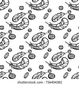 Seamless pattern black and white with hand-drawn feathers. Vector illustration. White background.