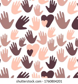 Seamless pattern with black and white hands and hearts together. Equalty concept. Hand drawn vector Illustration isolated on white background