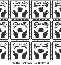 Seamless pattern black and white hands, plants, suns