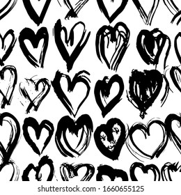 Nahtlose Muster schwarz-weißer Herz Pinsel Linien Design, abstrakte einfache skandinavische Stil Hintergrund Grunge Textur. Trend der Saison. Kann für Geschenkpapier und Tapete verwendet werden. Vektorillustration
