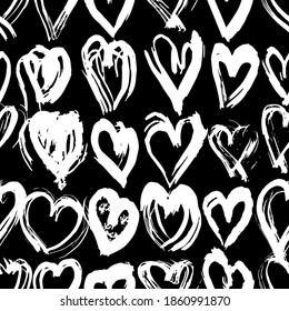 Seamless pattern black white heart brush strokes lines design, abstract simple scandinavian style background grunge texture. trend of the season. Can be used for Gift wrap fabrics, wallpapers. Vector 