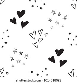 seamless pattern with black and white hearts and stars. Simple heart and star illustration on white background in hand drawn hipster style.