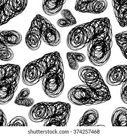 Seamless pattern black and white hearts with rough edges on a white background. Hand painted vector illustration. Design for fabric, textile, wrapping paper, card, invitation, wallpaper, web design.