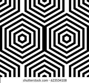 Seamless pattern with black white hexagons and striped lines. Optical illusion effect. Geometric tile in op art style. Vector illusive background, texture. Futuristic element, technologic design.