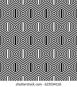 Seamless pattern with black white hexagons and striped lines. Optical illusion effect. Geometric tile in op art style. Vector illusive background, texture. Futuristic element, technologic design.