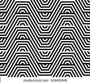 Seamless pattern with black white hexagons and striped lines. Optical illusion effect. Geometric tile in op art style. Vector illusive background, texture. Futuristic element, technologic design.