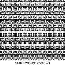Seamless pattern with black white hexagons and striped lines. Optical illusion effect. Geometric tile in op art style. Vector illusive background, texture. Futuristic element, technologic design.
