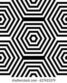 Seamless pattern with black white hexagons and striped lines. Optical illusion effect. Geometric tile in op art style. Vector illusive background, texture. Futuristic element, technologic design.