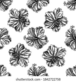 Seamless pattern with black and white hibiscus
