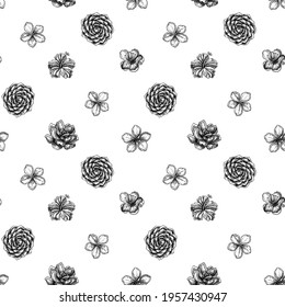 Seamless pattern with black and white hibiscus, plum flowers, peach flowers, sakura flowers, magnolia flowers, camellia japonica