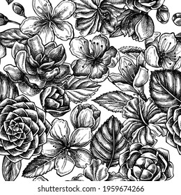 Seamless pattern with black and white hibiscus, plum flowers, peach flowers, sakura flowers, magnolia flowers, camellia japonica