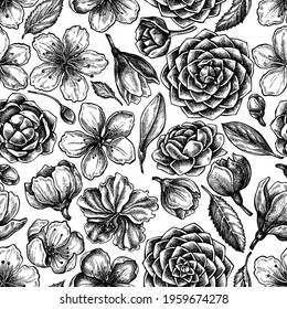 Seamless pattern with black and white hibiscus, plum flowers, peach flowers, sakura flowers, magnolia flowers, camellia japonica