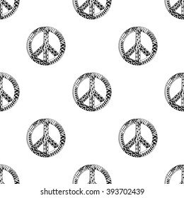 Seamless pattern with black and white hippie peace symbol in zentangle style. Hippy ornamental pacific sign. Boho vintage fashion.